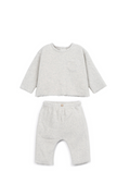 A baby two-piece outfit set in light heather gray, featuring a long-sleeve top with a chest pocket and matching elastic-waist pants, laid flat on a white background.