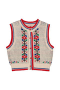 A cream-colored knit cardigan vest with red, blue, and green geometric patterns on the front and red trim, shown against a plain white background.
