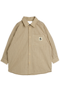 Beige striped shirt with a logo on a white background