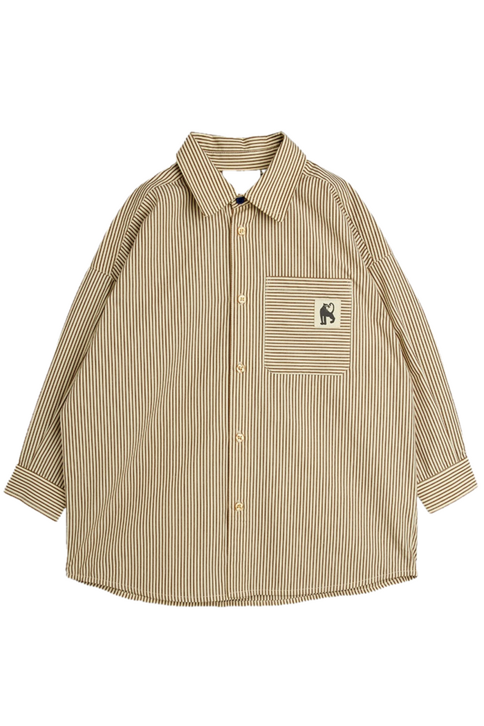 Beige striped shirt with a logo on a white background