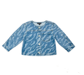A light blue denim jacket for toddlers or kids, featuring a white zebra-like abstract pattern across the fabric, a button-up front, and a chest pocket, shown flat on a white background.