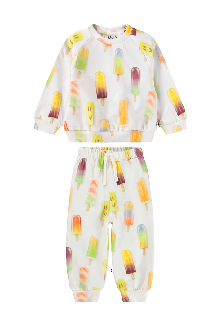 Children's sweatsuit set with popsicle pattern on a white background