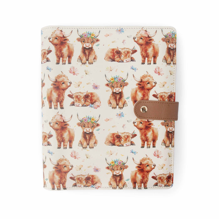 Maisy Highland Cow Project Journal Planner front cover with watercolor highland cow illustrations wearing flower crowns on a cream background with tan snap closure