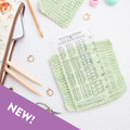 Quick ROW Gauge Ruler laid on a green knitted swatch showing how to measure row gauge, with Twice Sheared Sheep branding and NEW badge