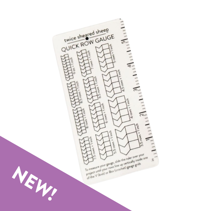 Quick ROW Gauge Ruler showing the clear acrylic ruler with row counting marks and Twice Sheared Sheep branding on purple background with NEW badge