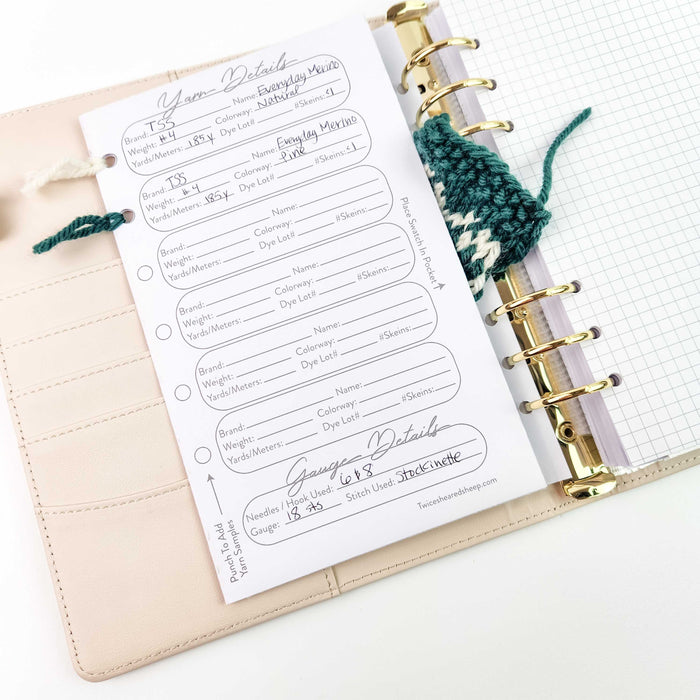 Yarn Details page inside the Spring Floral journal with handwritten entries for TSS Everyday Merino yarn and a teal knit swatch bookmark tucked into the swatch pocket