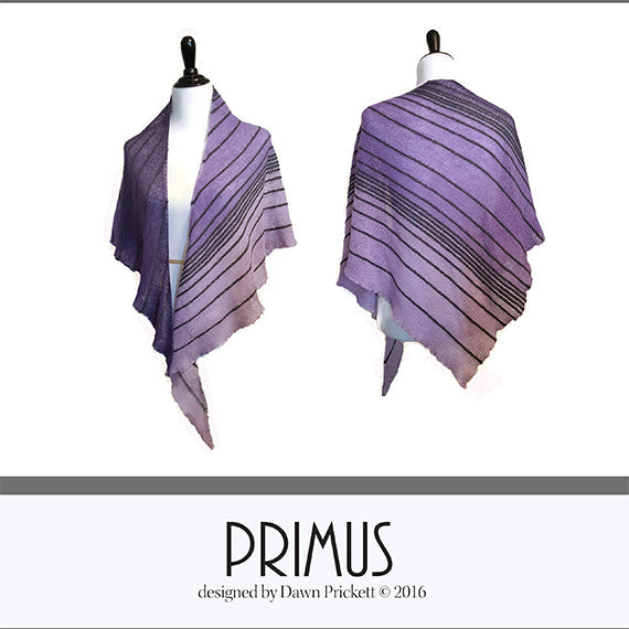 Primus Shawl pattern cover showing front and back views on a dress form — gradient purple and lavender shawl with dark horizontal stripes. Title reads Primus designed by Dawn Prickett © 2016