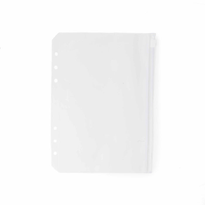 Clear zippered pencil pouch with hole-punched binding edge for project journal binder