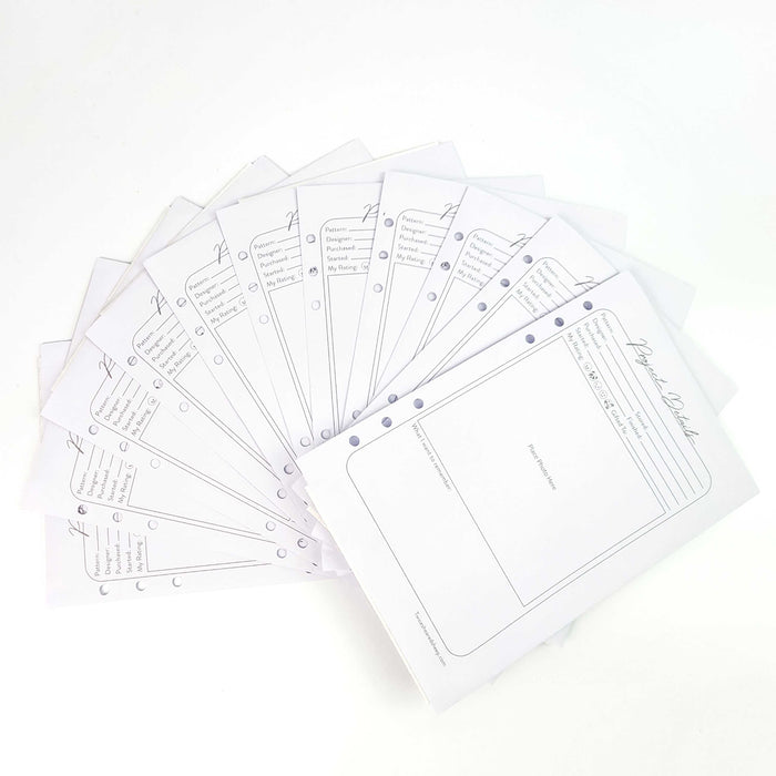 Set of 12 Project Details journal divider refill pages fanned out showing pattern tracking fields and photo space