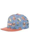Blue cap with fairy cat print and an orange brim