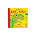 Board book with yellow covering featuring dinosaurs