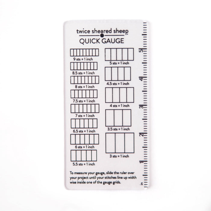 Twice Sheared Sheep Quick Gauge ruler showing stitch gauge grids from 3 to 9 stitches per inch with inch markings