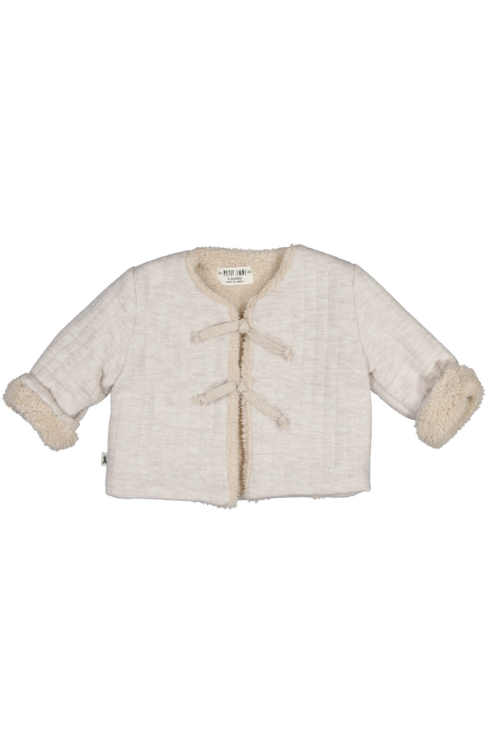 Beige quilted jacket with fur trim on a white background