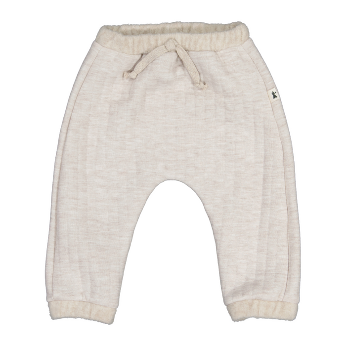Beige baby pants with a drawstring on a white background