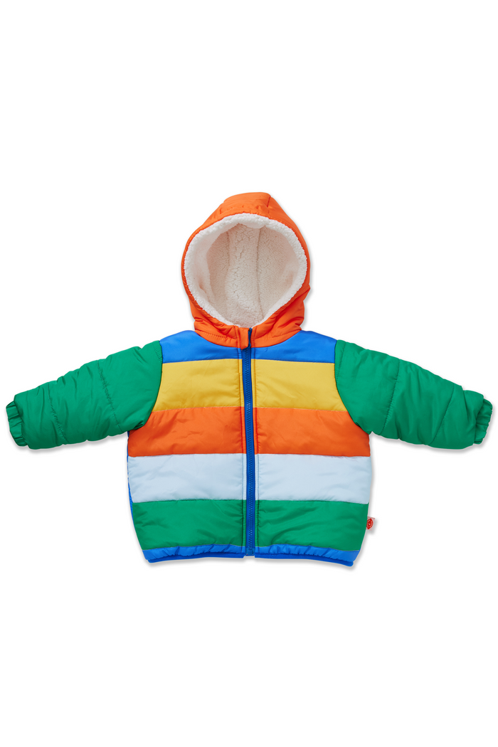 Colorful children's puffer jacket with a hood on a white background