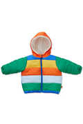Colorful children's puffer jacket with a hood on a white background