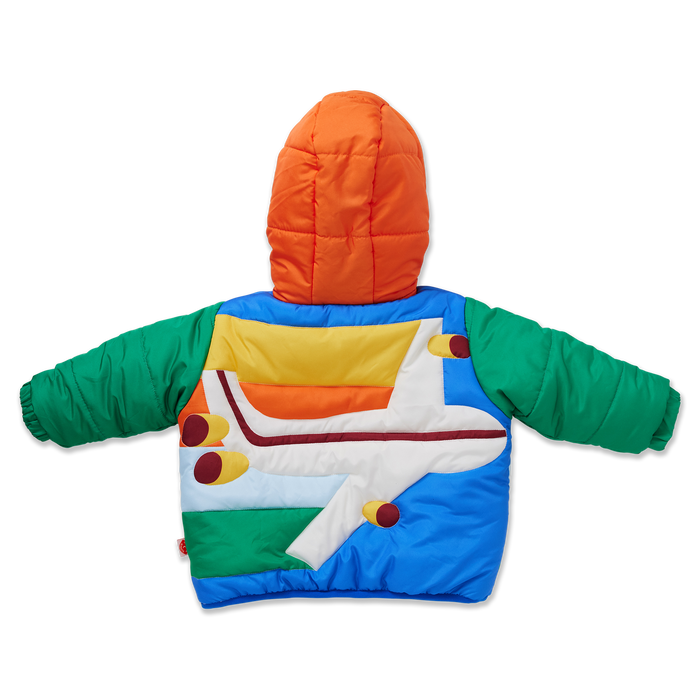 Colorful children's puffer jacket with a cartoon airplane design on a white background