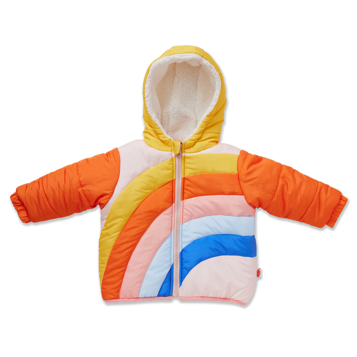 Colorful children's puffer jacket with rainbow design on a white background