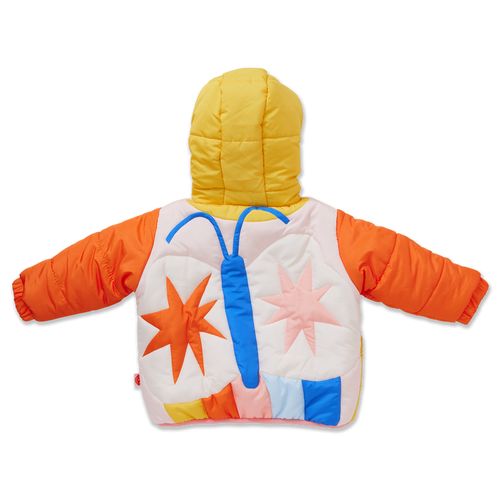 Children's quilted jacket with colorful butterfly and stars design on a white background