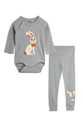 Gray baby outfit with cartoon character design on a white background