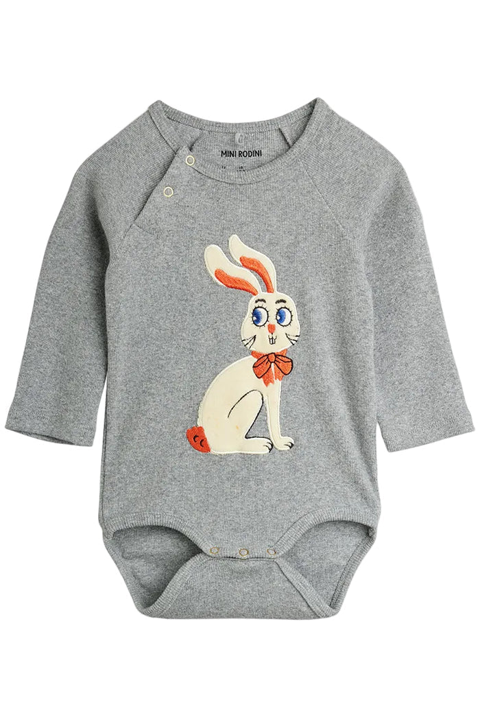 Gray baby bodysuit with a cartoon rabbit design on a white background