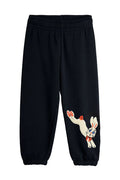 Black sweatpants with a rabbit design on a white background