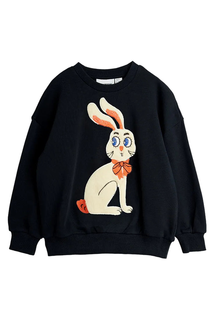 Black sweatshirt with a cartoon rabbit design on a white background