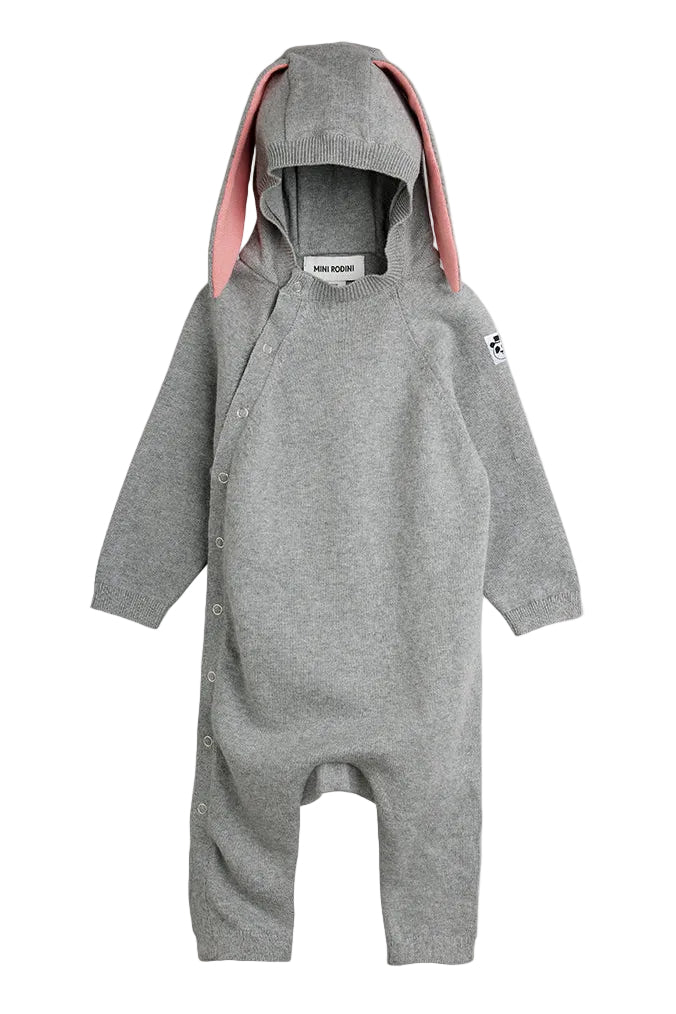 Gray baby onesie with pink accents on a white background