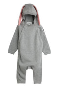 Gray baby onesie with pink accents on a white background