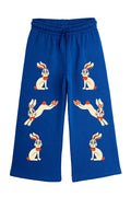 Blue pants with cartoon character print on a white background