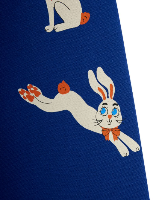 close up of blue sweatpants with bunny design