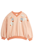 Pink sweatshirt with cartoon character design on a white background