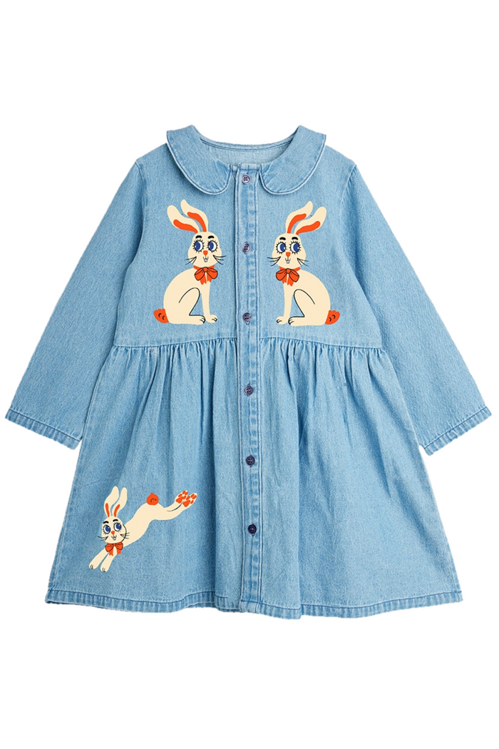 Blue denim dress with bunnies on a white background