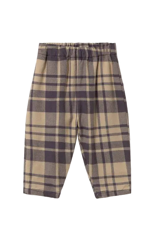 A pair of children's plaid trousers in beige and brown, shown flat against a light gray background.