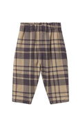 A pair of children's plaid trousers in beige and brown, shown flat against a light gray background.