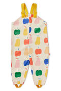Children's overalls with colorful apple pattern on a white background