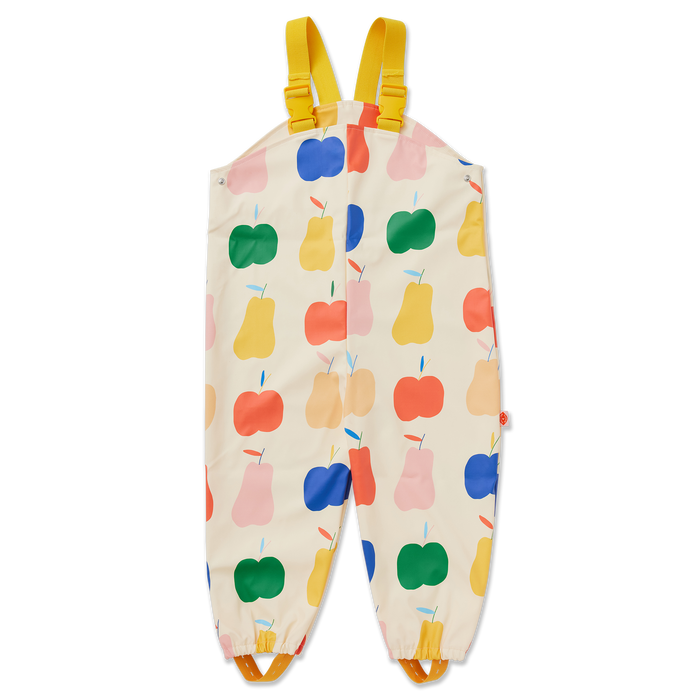 Colorful children's overalls with fruit pattern on a white background