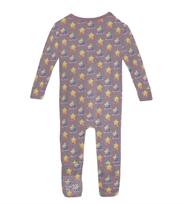Purple baby onesie with star pattern on a white background