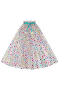 A sheer, pleated tulle skirt with a dense multicolor unicorn print in pastel shades of pink, blue, yellow, and green, finished with a turquoise ribbon tie at the waist.