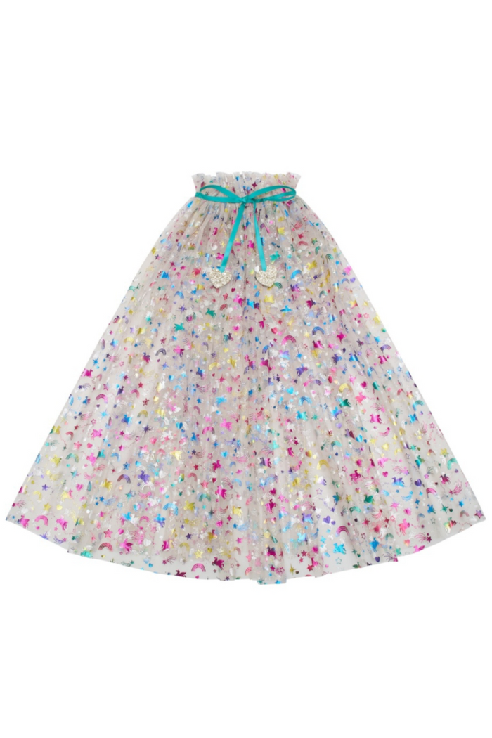 A sheer, pleated tulle skirt with a dense multicolor unicorn print in pastel shades of pink, blue, yellow, and green, finished with a turquoise ribbon tie at the waist.