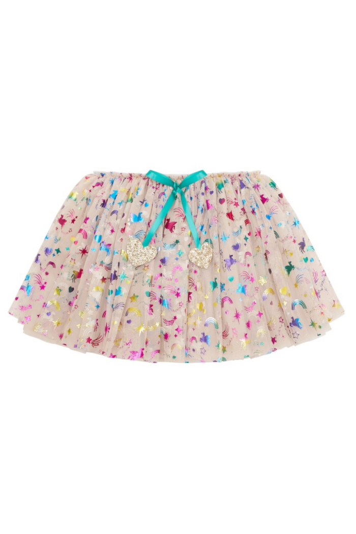 A  ruffled tulle tutu skirt scattered multicolor unicorn and rainbows and a bright turquoise bow at the waist, shown against a plain white background.