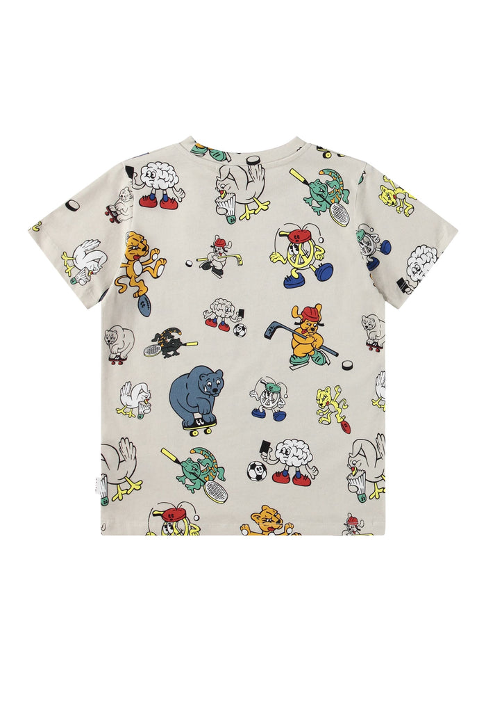 t-shirt with colorful cartoon character print on a white background