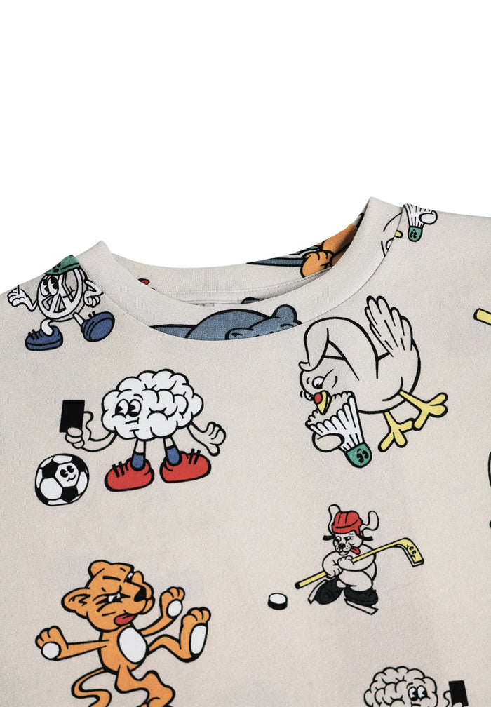 White shirt with colorful cartoon character prints on a white background