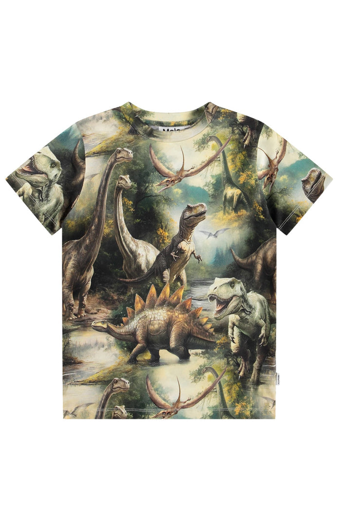 T-shirt with dinosaur graphic design on a white background