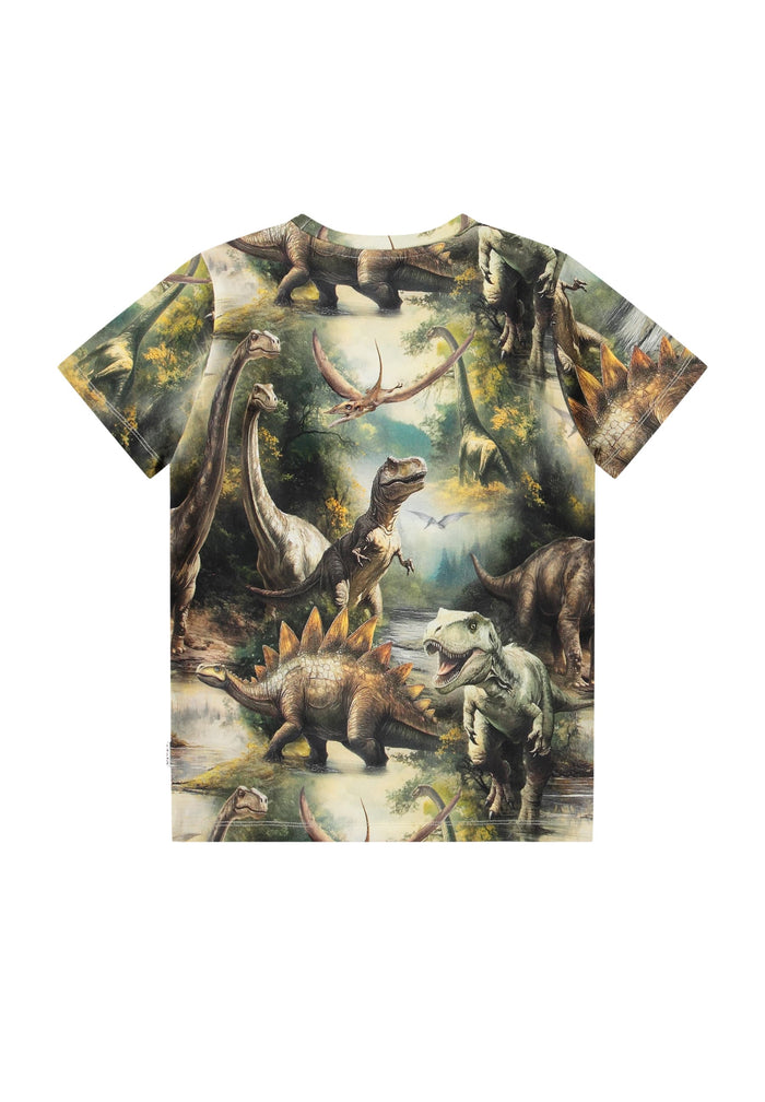 T-shirt with a dinosaur graphic design on a white background