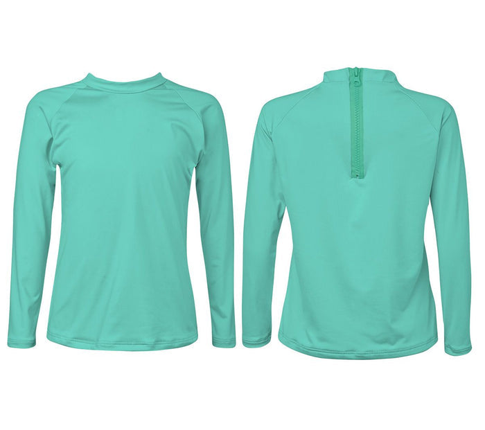 Teal long-sleeve shirt with a quarter zip on a white background