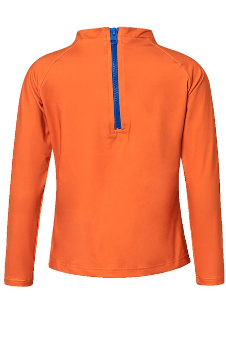 Orange long-sleeve shirt with a blue zipper on a white background
