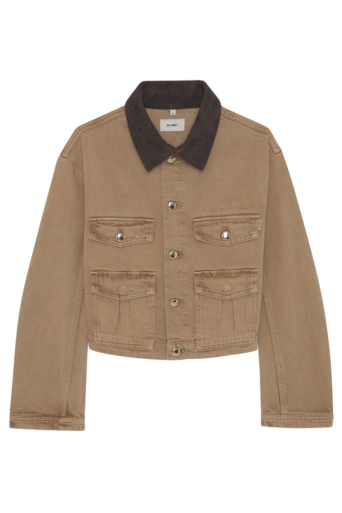 Brown jacket with a dark brown collar on a white background
