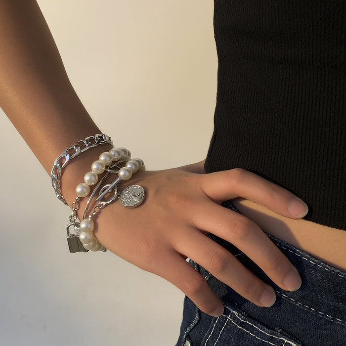 Regency Electroplated Alloy Bracelet Stack | Women's Simple Geometric Pearl-Style Charm Set