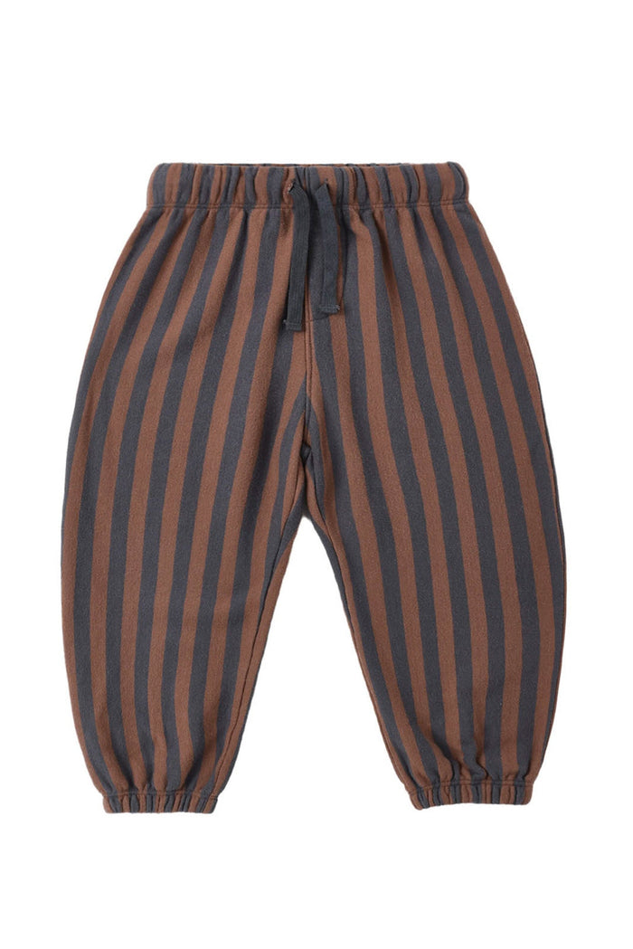 Striped pants with brown and blue stripes on a white background